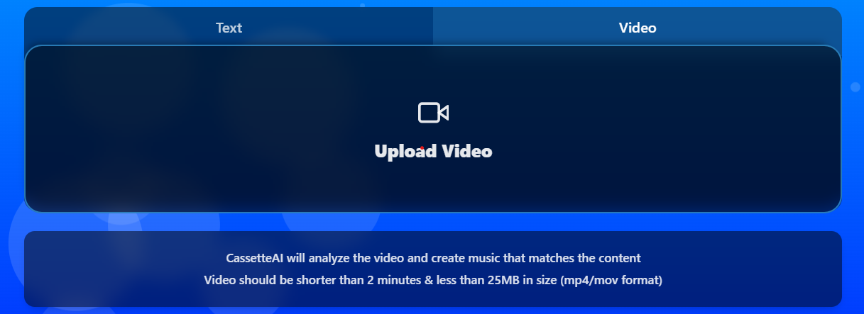 Screen for uploading video content to be analyzed and paired with music by CassetteAI.
