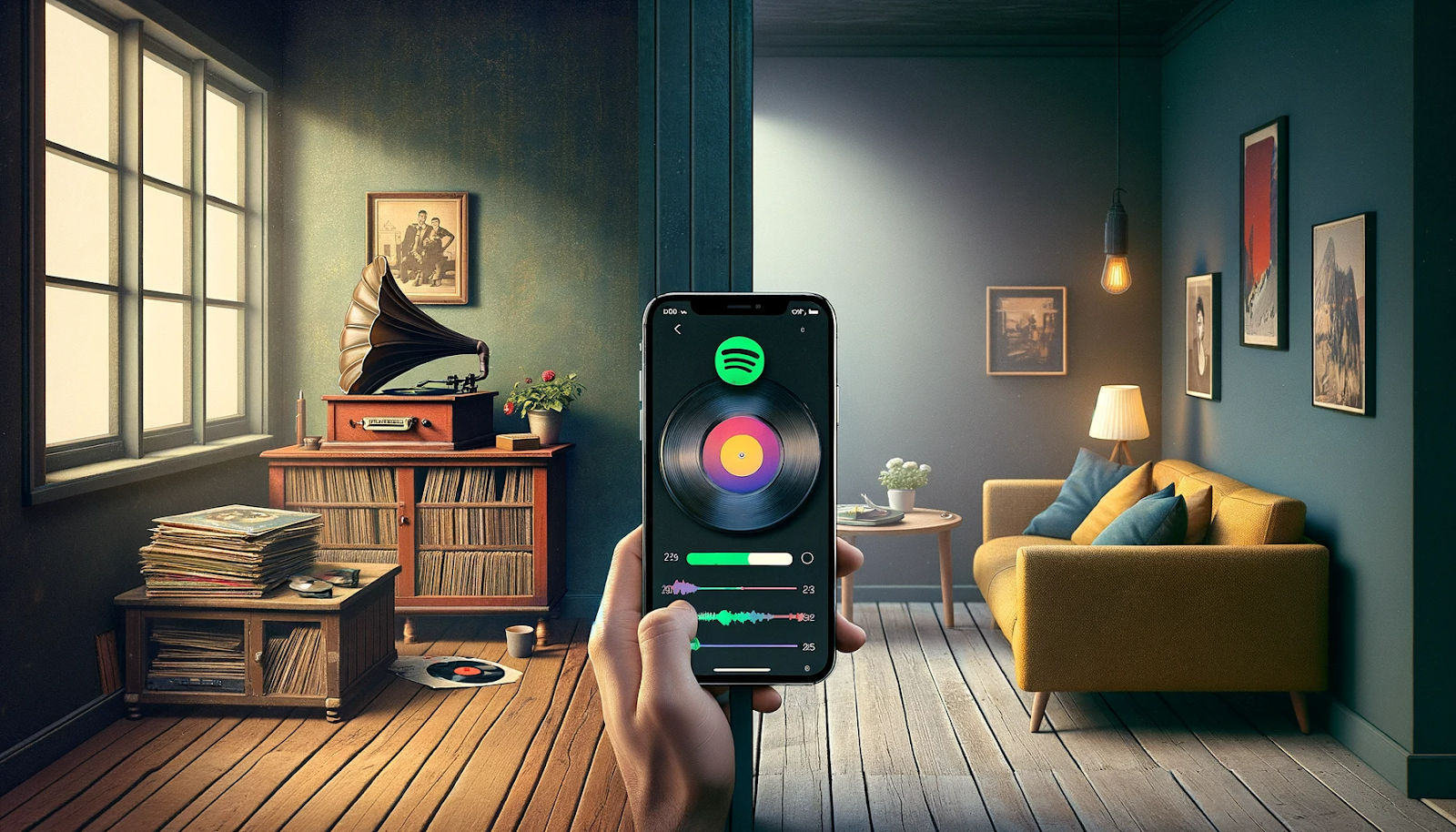 An image transitioning from a 1950s living room with a vinyl record player to a modern space with digital music streaming on a smartphone.