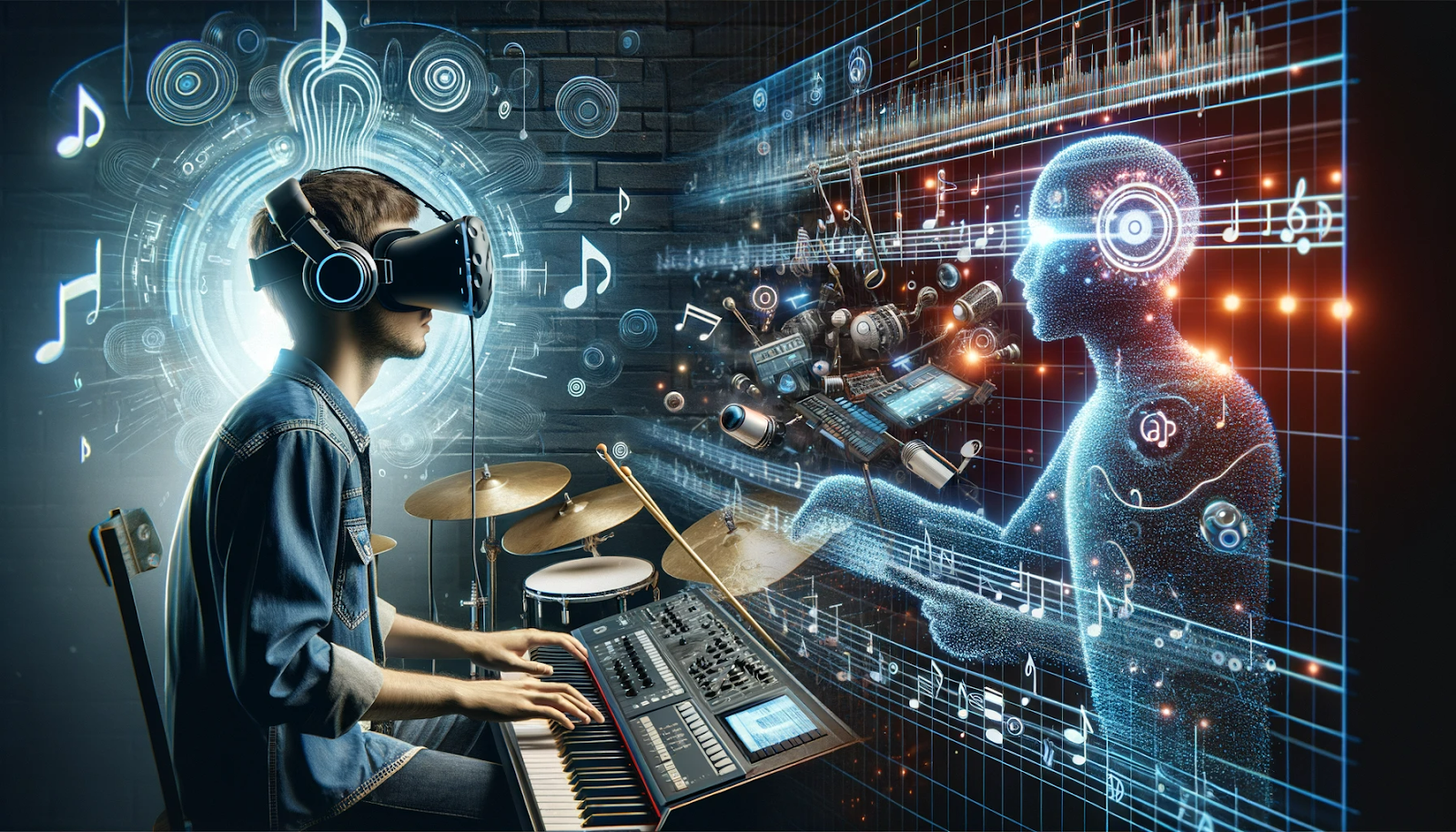 A musician in VR interacts with virtual instruments, while an AI interface displays musical waveforms and algorithmic patterns, symbolizing the synergy in modern music creation.