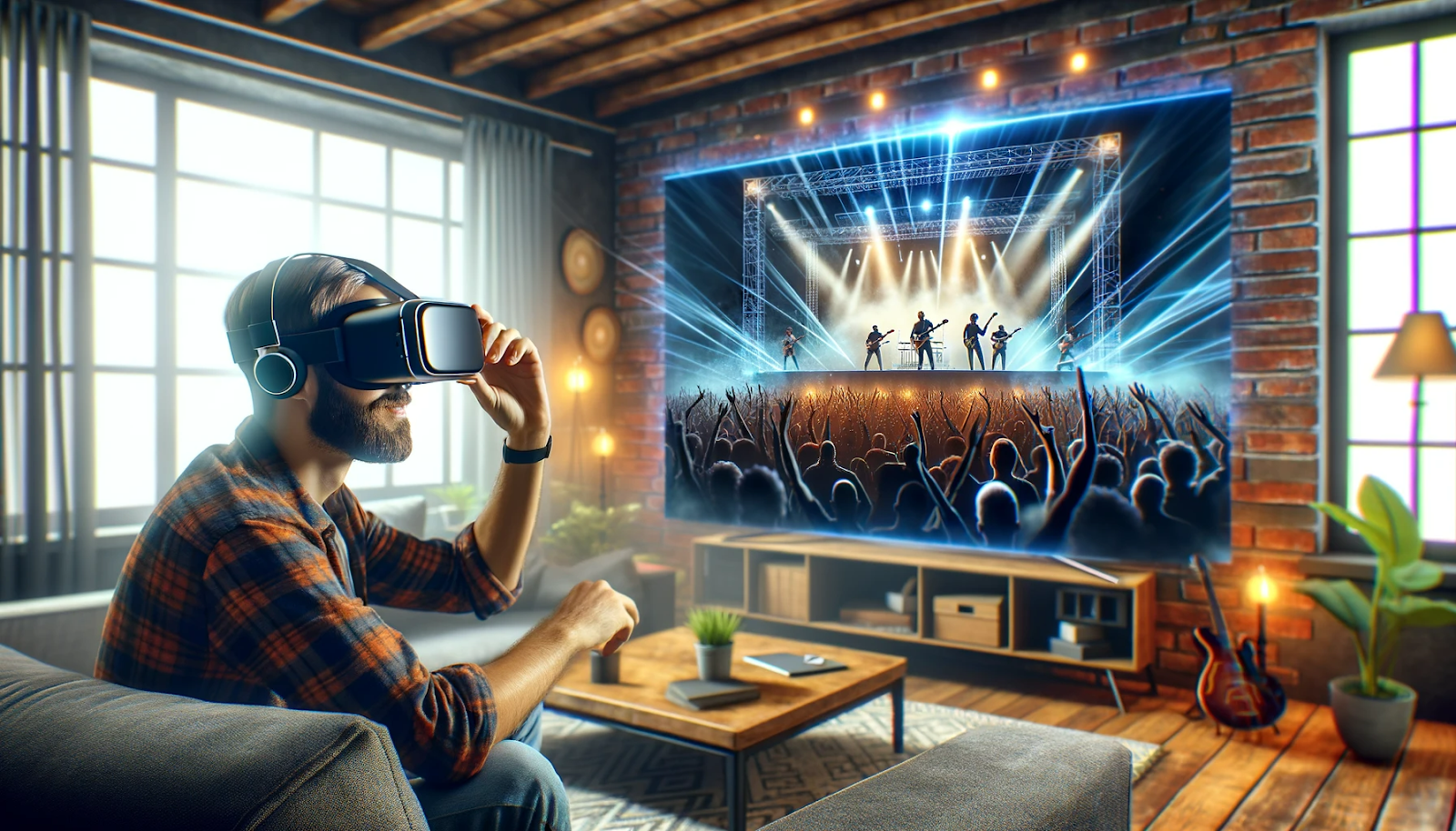 A person in a living room, wearing VR goggles, is immersed in a vivid, virtual live concert, complete with bright stage lights and performers.