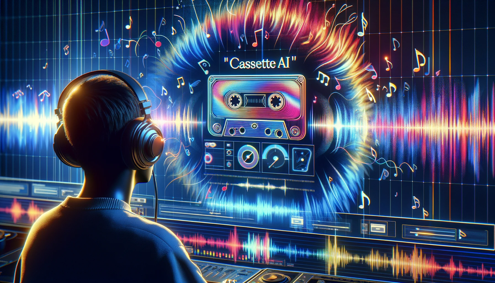 A person interacts with a futuristic interface displaying the 'cassetteai' logo, immersed in the AI-generated music and colorful waveforms