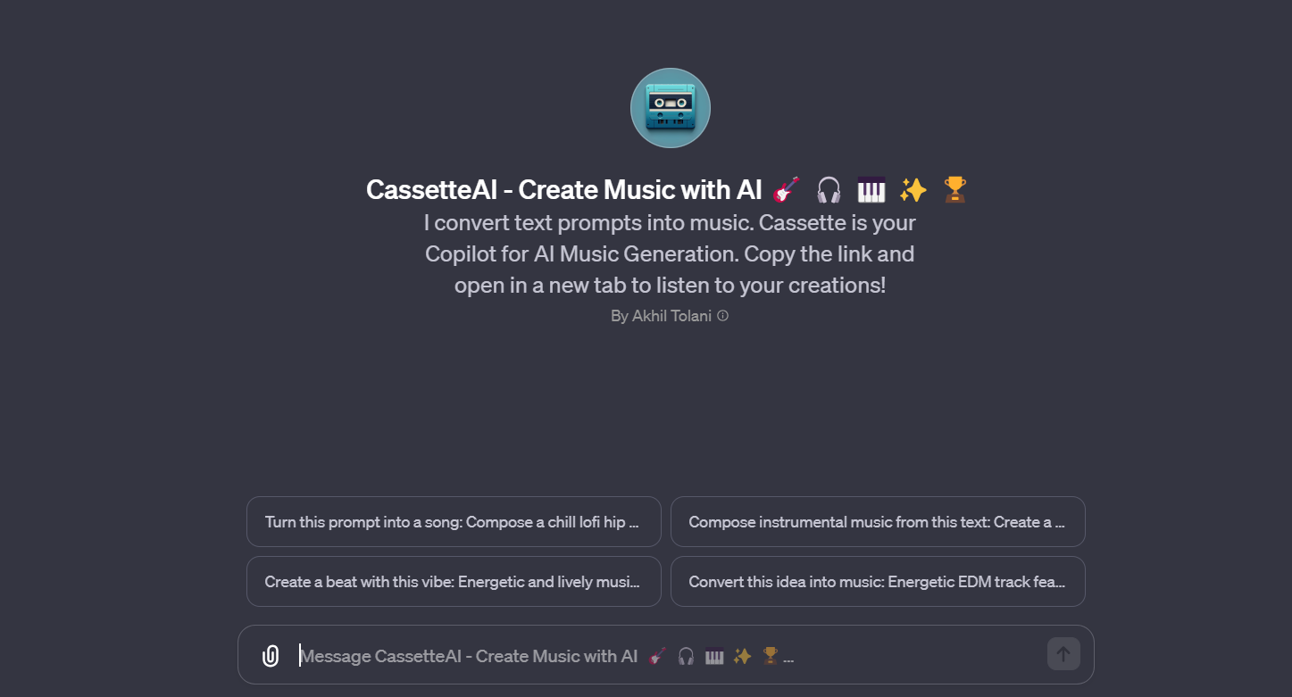 Image of the CassetteAI GPT, an AI music generation tool that converts text prompts into music.