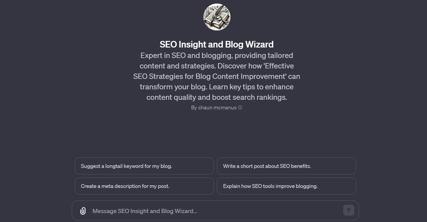 A user interface for "SEO Insight and Blog Wizard, GPT" offering expert SEO and blogging advice with interactive options for keyword and content strategy suggestions.