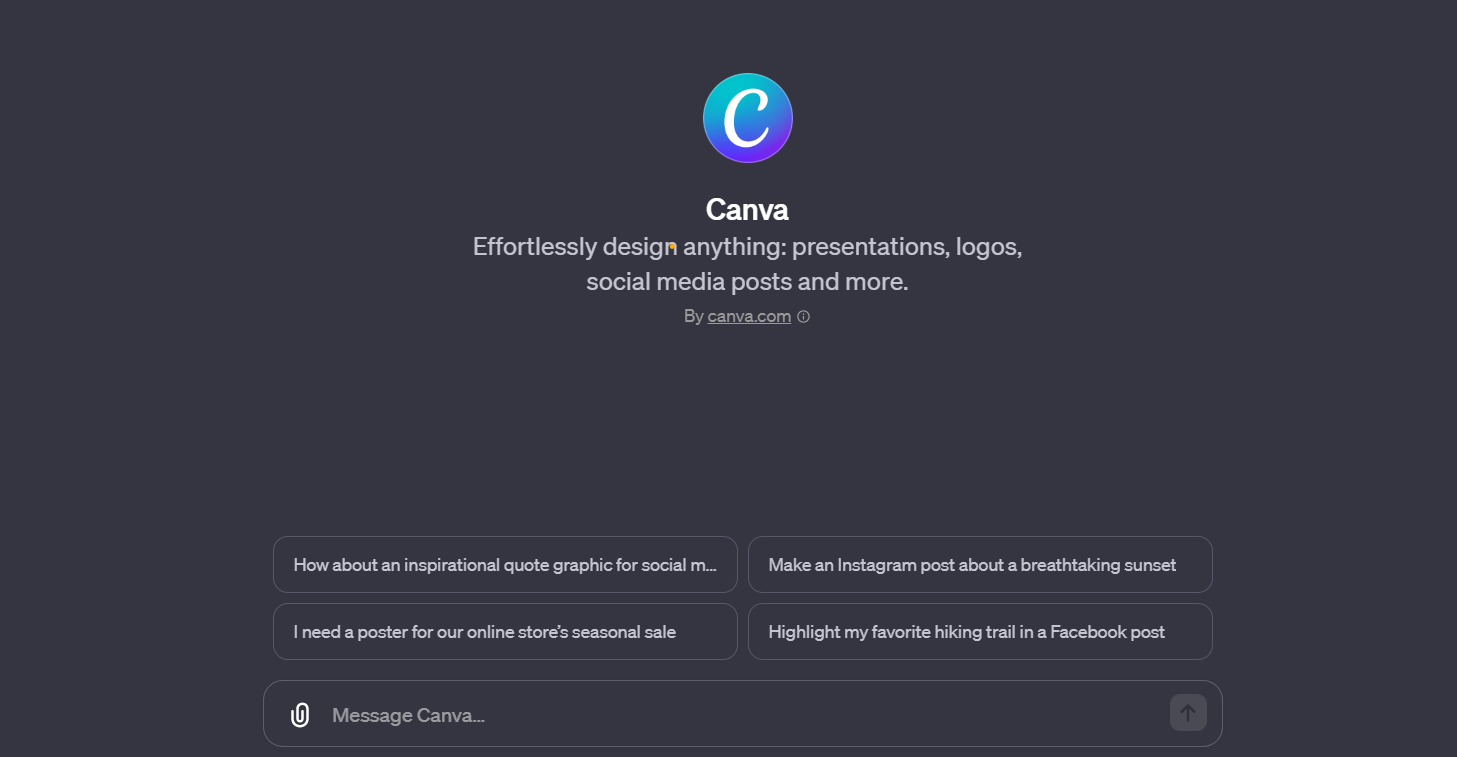 A user interface for Canva GPT, a design platform for creating various digital content, with options for crafting social media posts, posters, and more.