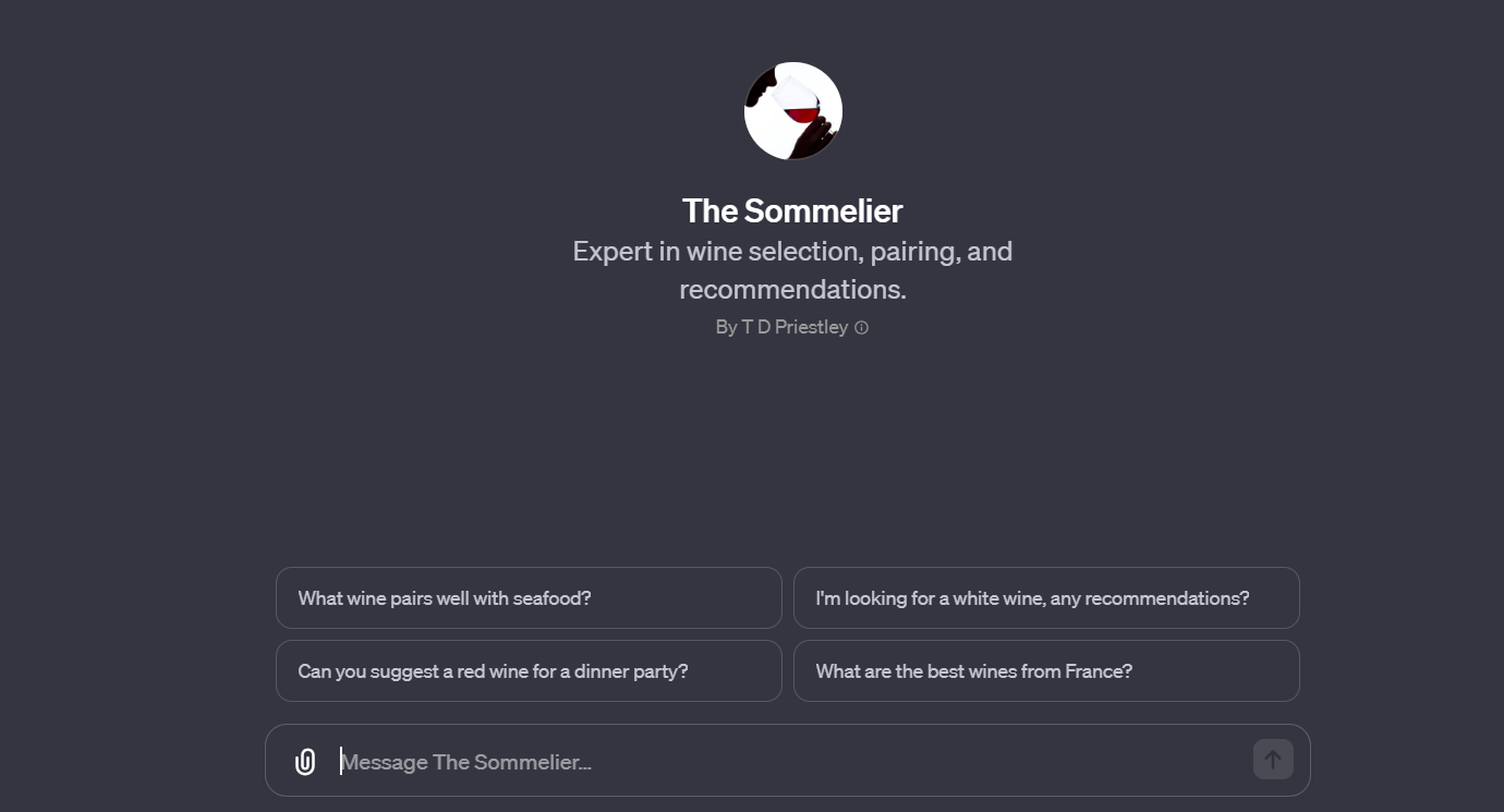 A digital wine consultation GPT called "The Sommelier," offering expert wine selection, pairing, and recommendations with interactive prompts for user queries.