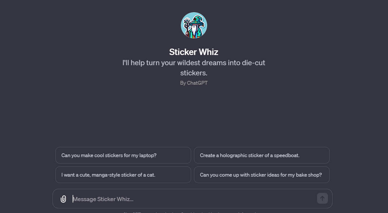 The image displays the interface of "Sticker Whiz," a GPT that creates custom die-cut stickers. 