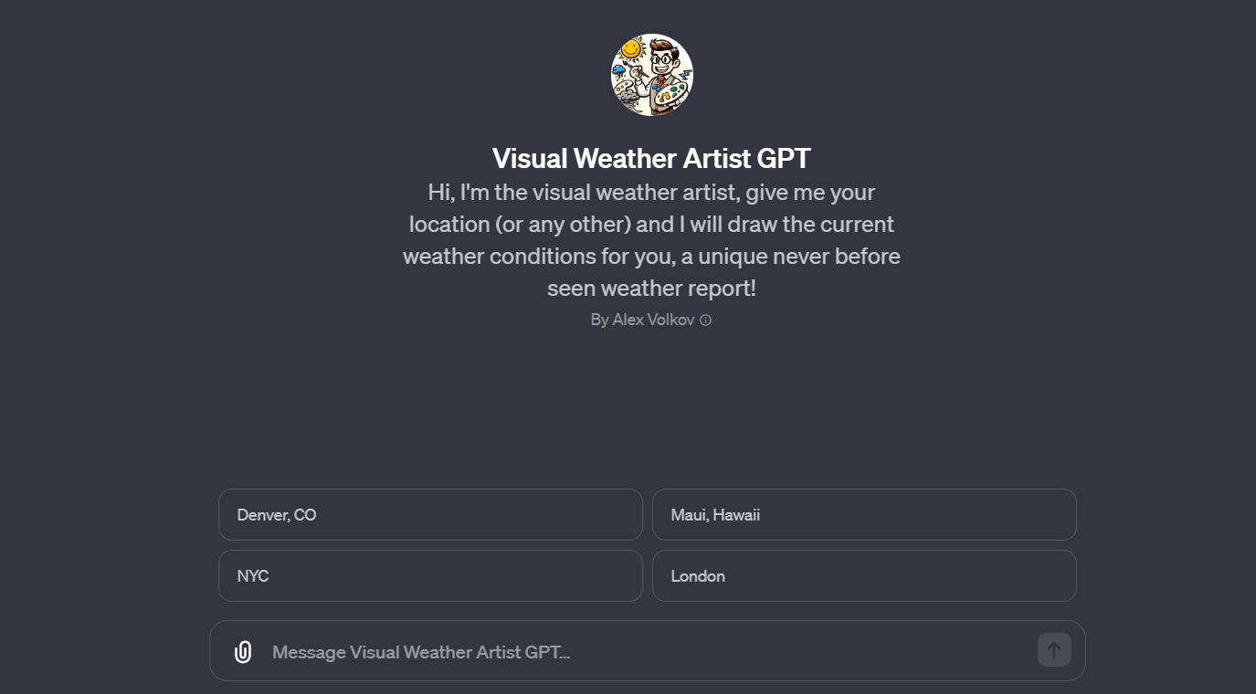 Image of the Visual Weather Artist GPT interface offering personalized, artistic representations of current weather conditions.