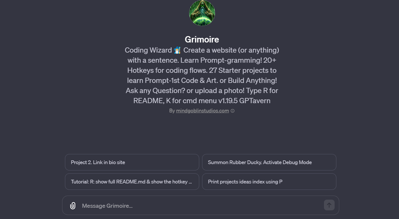Image of the Grimoire interface, an AI coding assistant that creates websites and more from text prompts.