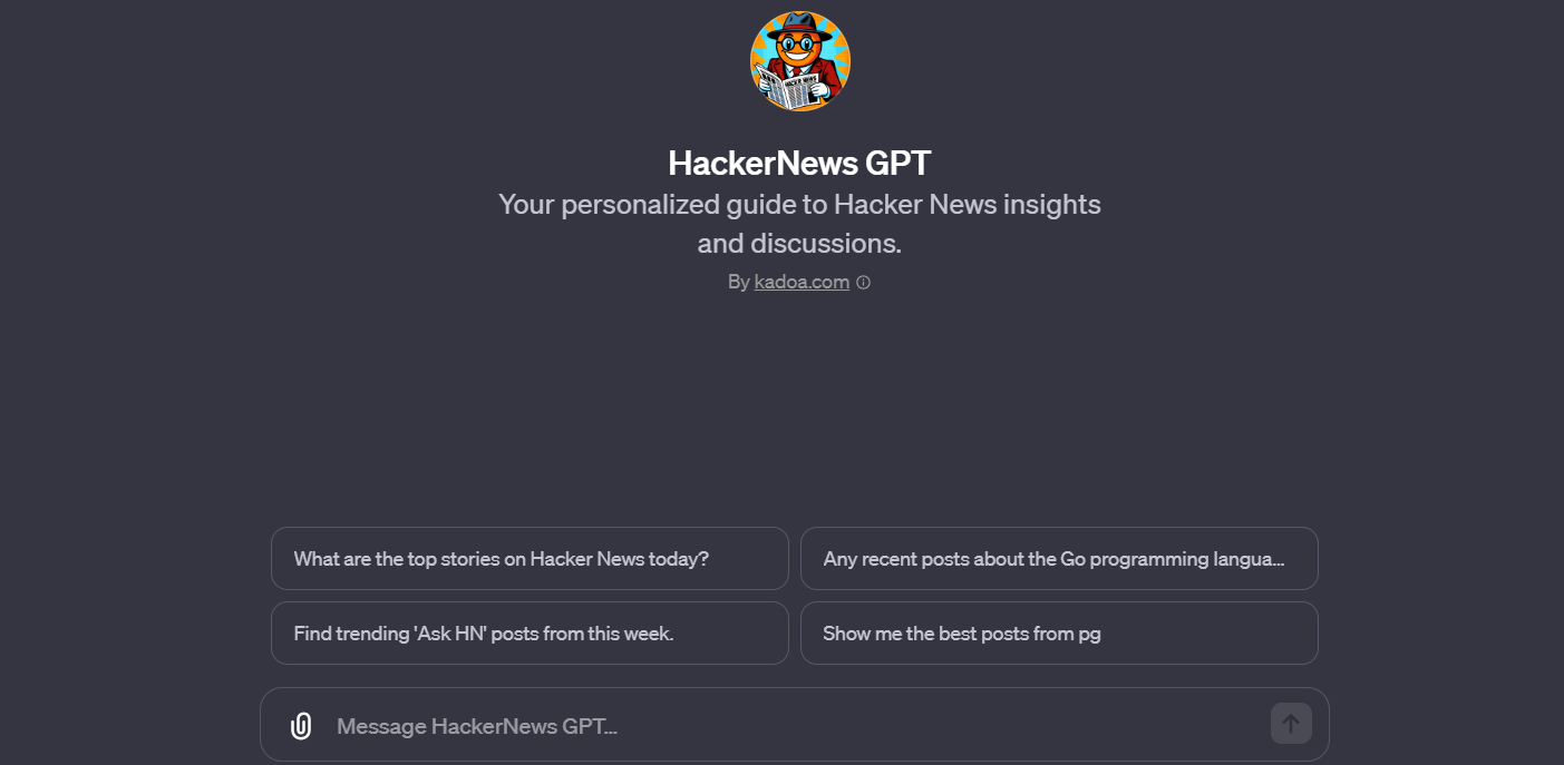 Image of HackerNews GPT interface, offering a personalized AI guide for exploring Hacker News content and engaging in discussions.