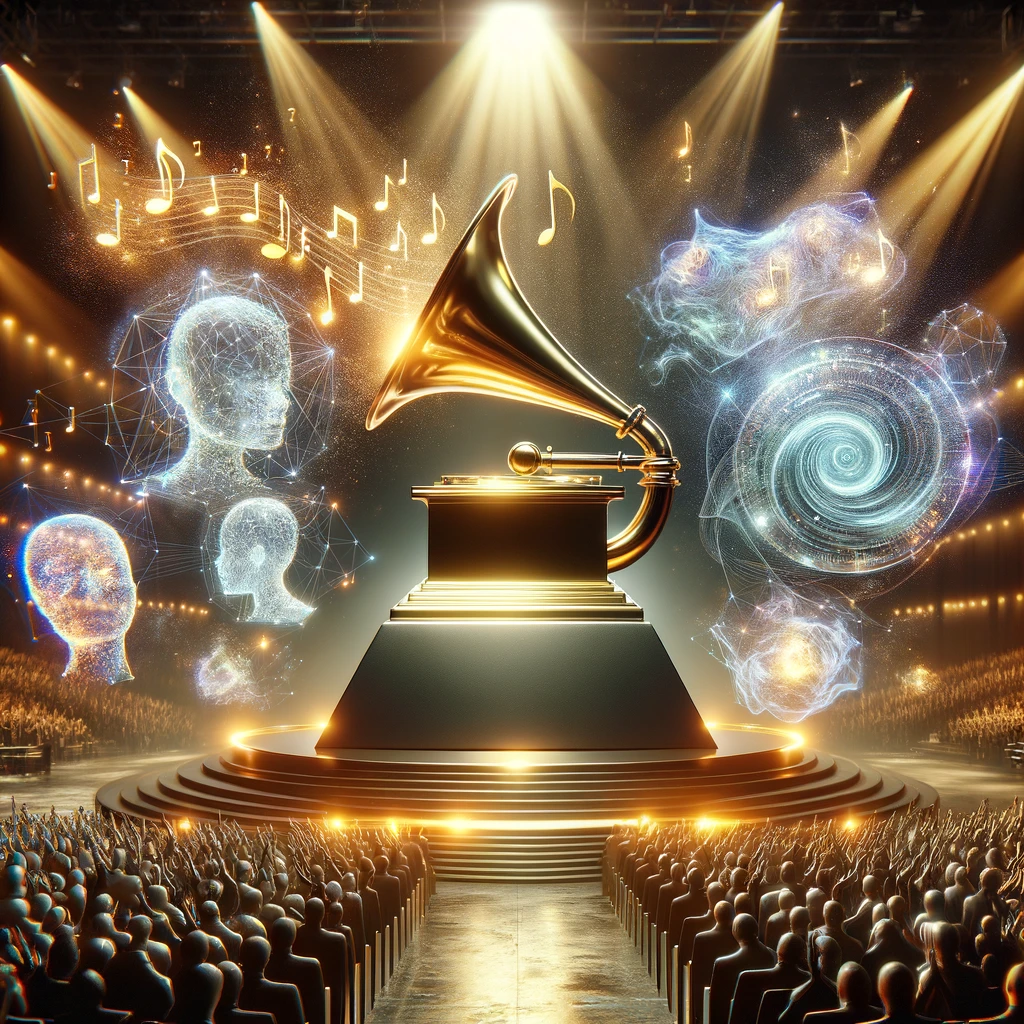 The image captures the concept of AI-generated music achieving recognition and success in the music industry, symbolized by the iconic Grammy Award.